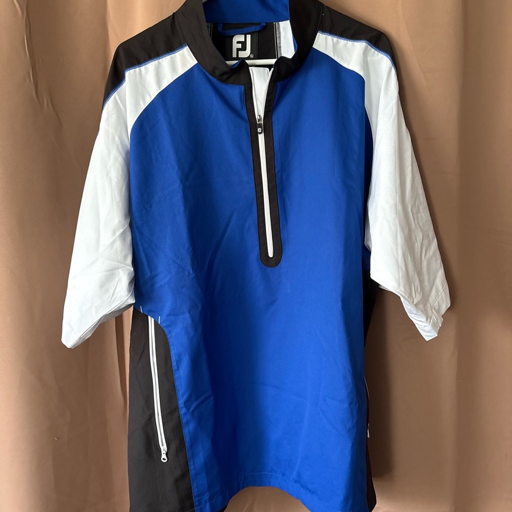 Footjoy Golf Windbreaker Jacket Men’s XL Blue White Black Short Sleeve  1/2 Zip